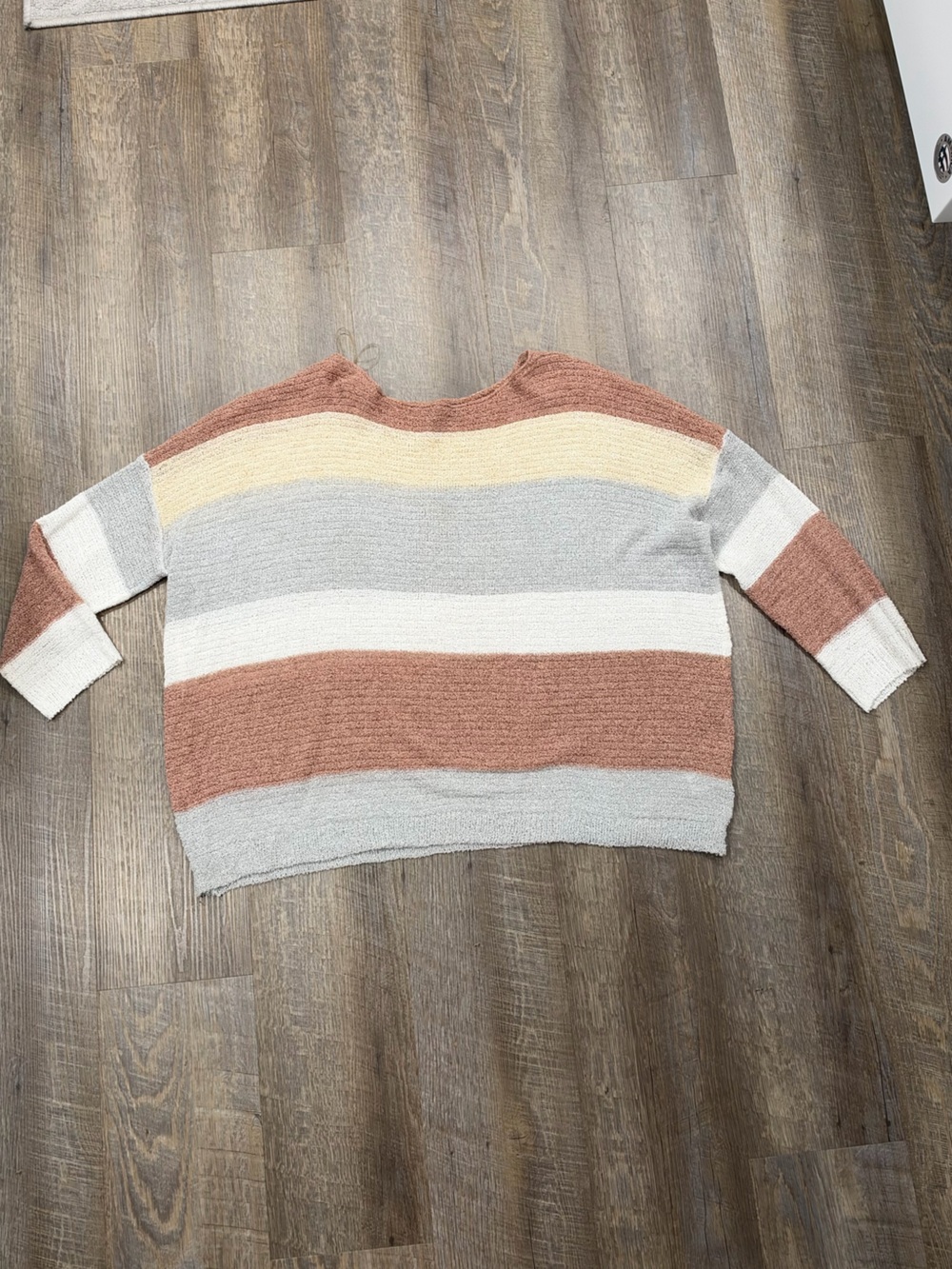 Plus size Striped Crewneck Sweater in Rust, Gray, Cream, and Yellow